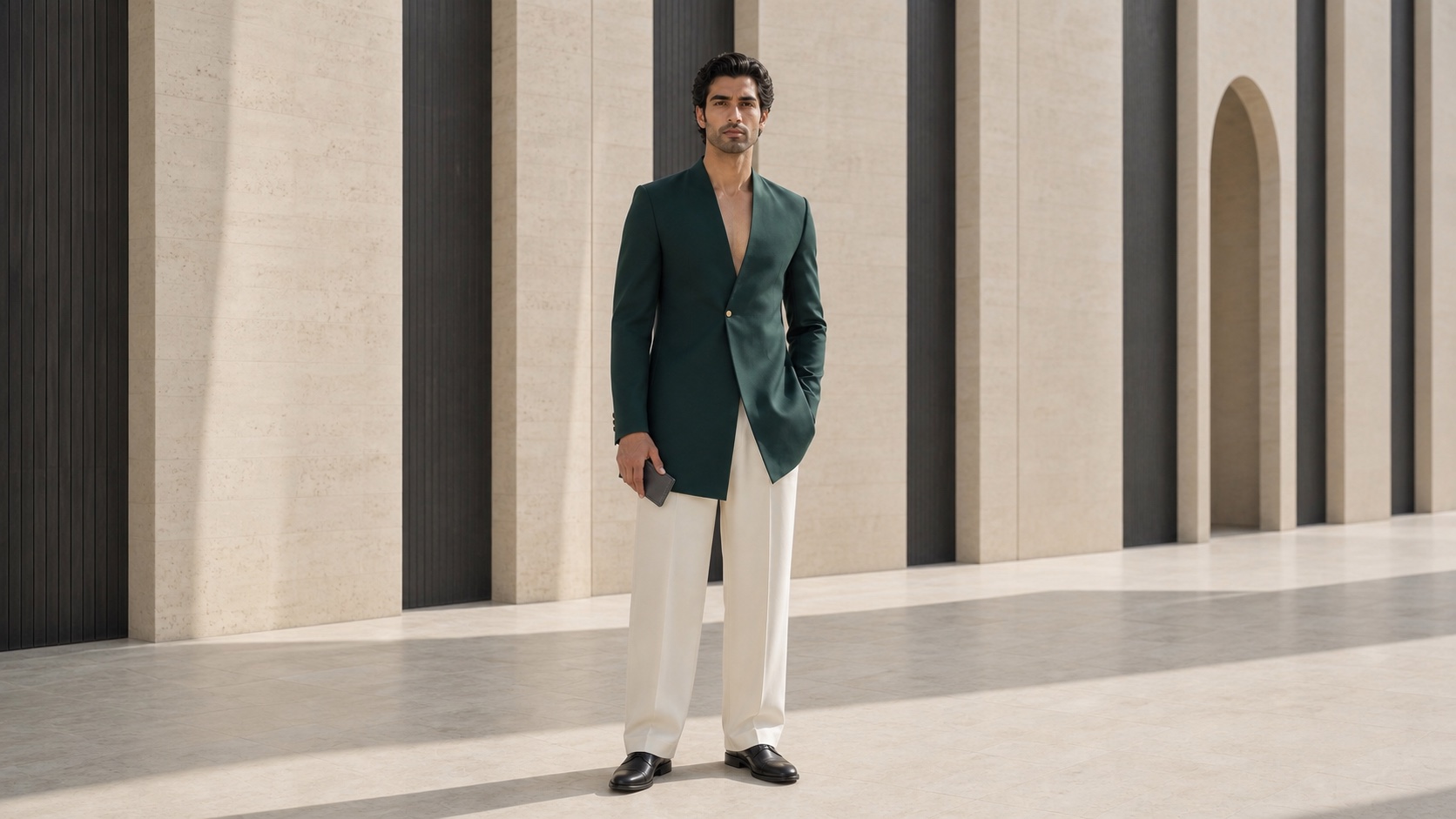 A contemporary Iranian menswear silhouette with a leather cardholder