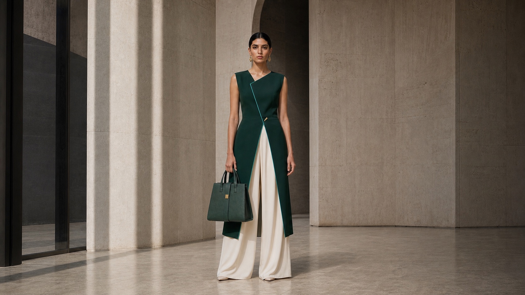 A contemporary Iranian womenswear silhouette with an architectural bag